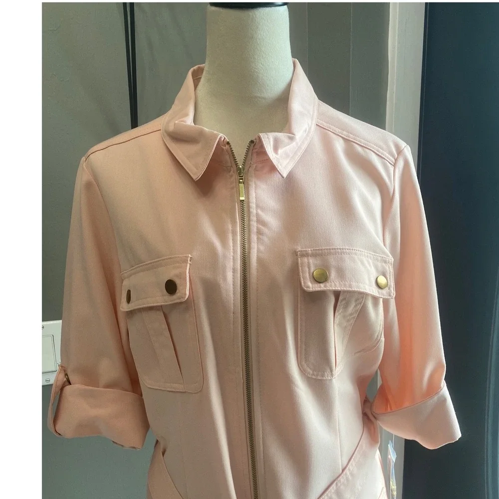 Sharagano Pink Utility Shirt Dress Zip Front Belted Cargo Pockets Size 14 NWT